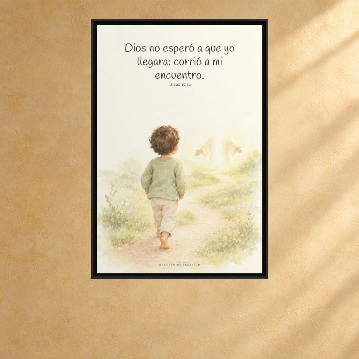 Mi Padre corrió a mi encuentro | Lienzo de fe para el hogar | Lucas 15:24 — 24×36 pulgadas, marco negro, vista frontal ambiental, escala física calibrada