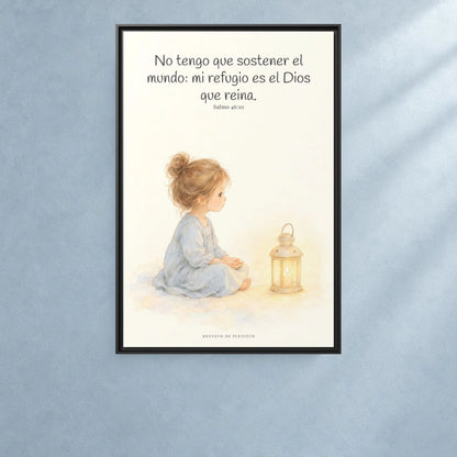 El Señor de los ejércitos está con nosotros — Lienzo Cristiano Enmarcado | Salmo 46:10 — 24×36 pulgadas, marco negro, vista frontal ambiental, escala física calibrada