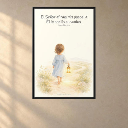El Señor dirige mis pasos este año — Lienzo Cristiano Enmarcado | Proverbios 16:9 — 24×36 pulgadas, marco negro, vista frontal ambiental, escala física calibrada