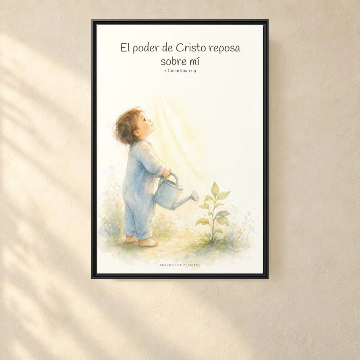 Su poder descansa sobre mí — Lienzo Cristiano Enmarcado | 2 Corintios 12:9 — 24×36 pulgadas, marco negro, vista frontal ambiental, escala física calibrada