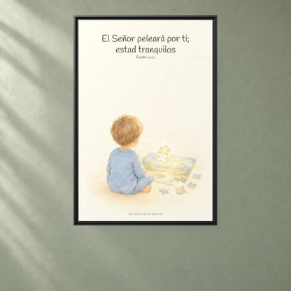 Jehová peleará por ti — Lienzo Cristiano Enmarcado | Éxodo 14:13 — 24×36 pulgadas, marco negro, vista frontal ambiental, escala física calibrada