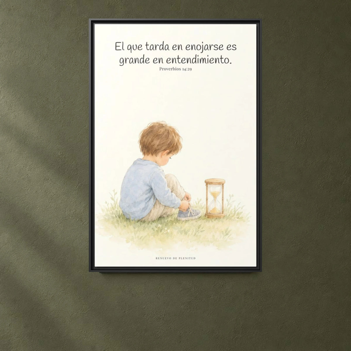 El que es lento para la ira es grande en entendimiento — Lienzo Cristiano Enmarcado | Proverbios 14:29 — 24×36 pulgadas, marco negro, vista frontal ambiental, escala física calibrada