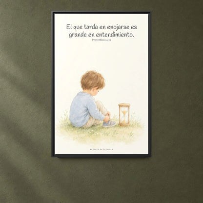El que es lento para la ira es grande en entendimiento — Lienzo Cristiano Enmarcado | Proverbios 14:29 — 24×36 pulgadas, marco negro, vista frontal ambiental, escala física calibrada