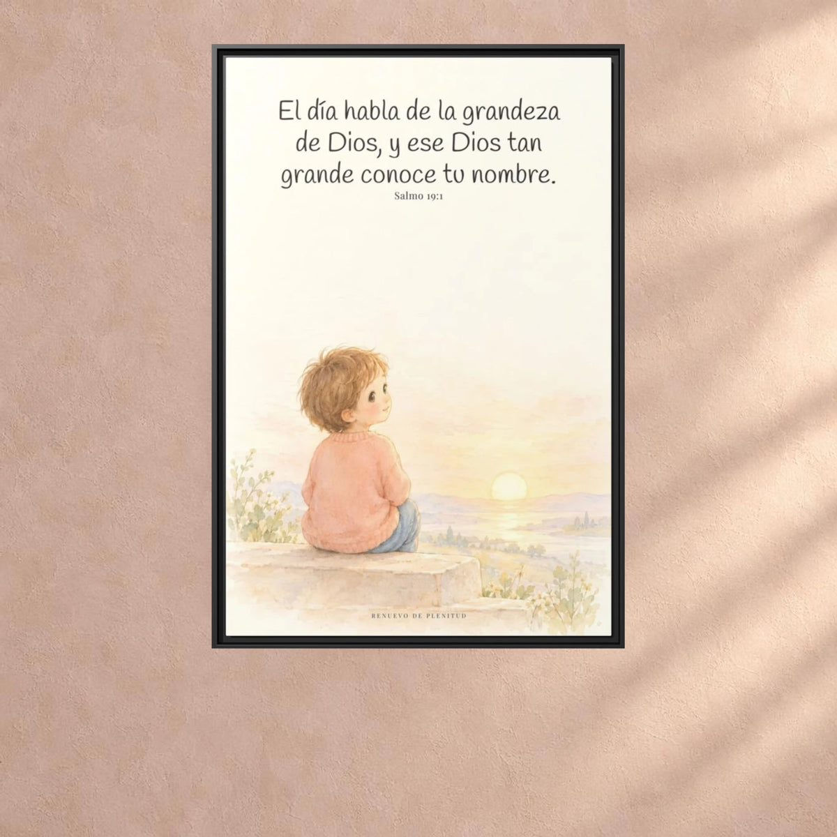 El día habla de la grandeza de Dios | Lienzo cristiano decorativo | Salmo 19:1 — 24×36 pulgadas, marco negro, vista frontal ambiental, escala física calibrada