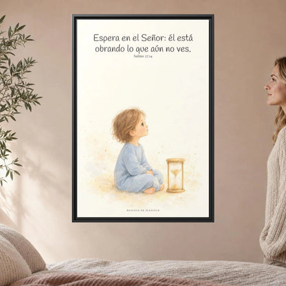 Espera en Jehová, y él te sostendrá — Lienzo Cristiano Enmarcado | Salmo 27:14 — 24×36 pulgadas, marco negro, vista frontal ambiental, escala física calibrada