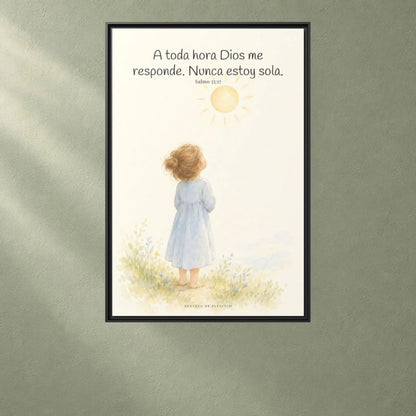 El Señor responde tarde, mañana y a mediodía — Lienzo Cristiano Enmarcado | Salmo 55:17 — 24×36 pulgadas, marco negro, vista frontal ambiental, escala física calibrada