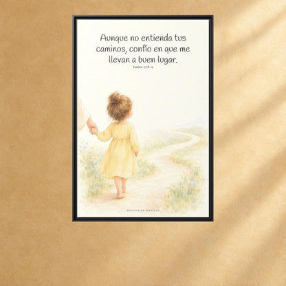 Confía en Dios cuando no entiendas el camino — Lienzo Cristiano Enmarcado | Isaías 55:8-9 — 24×36 pulgadas, marco negro, vista frontal ambiental, escala física calibrada