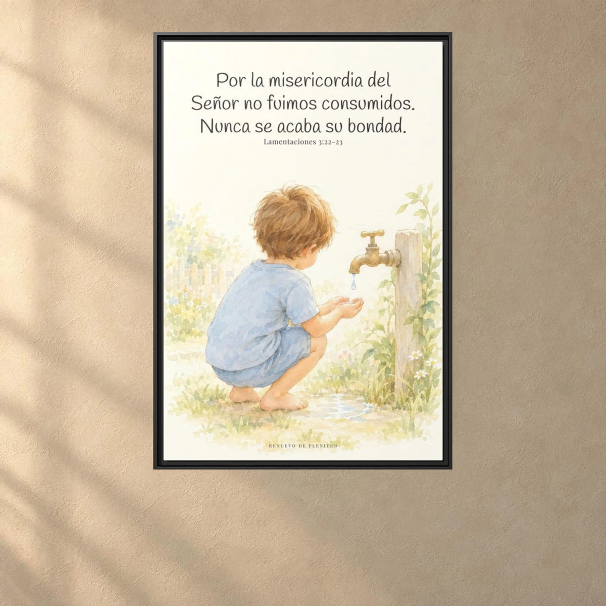 Nunca se acaba la misericordia de Dios — Lienzo Cristiano Enmarcado | Lamentaciones 3:22-23 — 24×36 pulgadas, marco negro, vista frontal ambiental, escala física calibrada