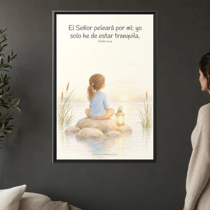 Jehová peleará por mí — Lienzo Cristiano Enmarcado | Éxodo 14:14 — 24×36 pulgadas, marco negro, vista frontal ambiental, escala física calibrada