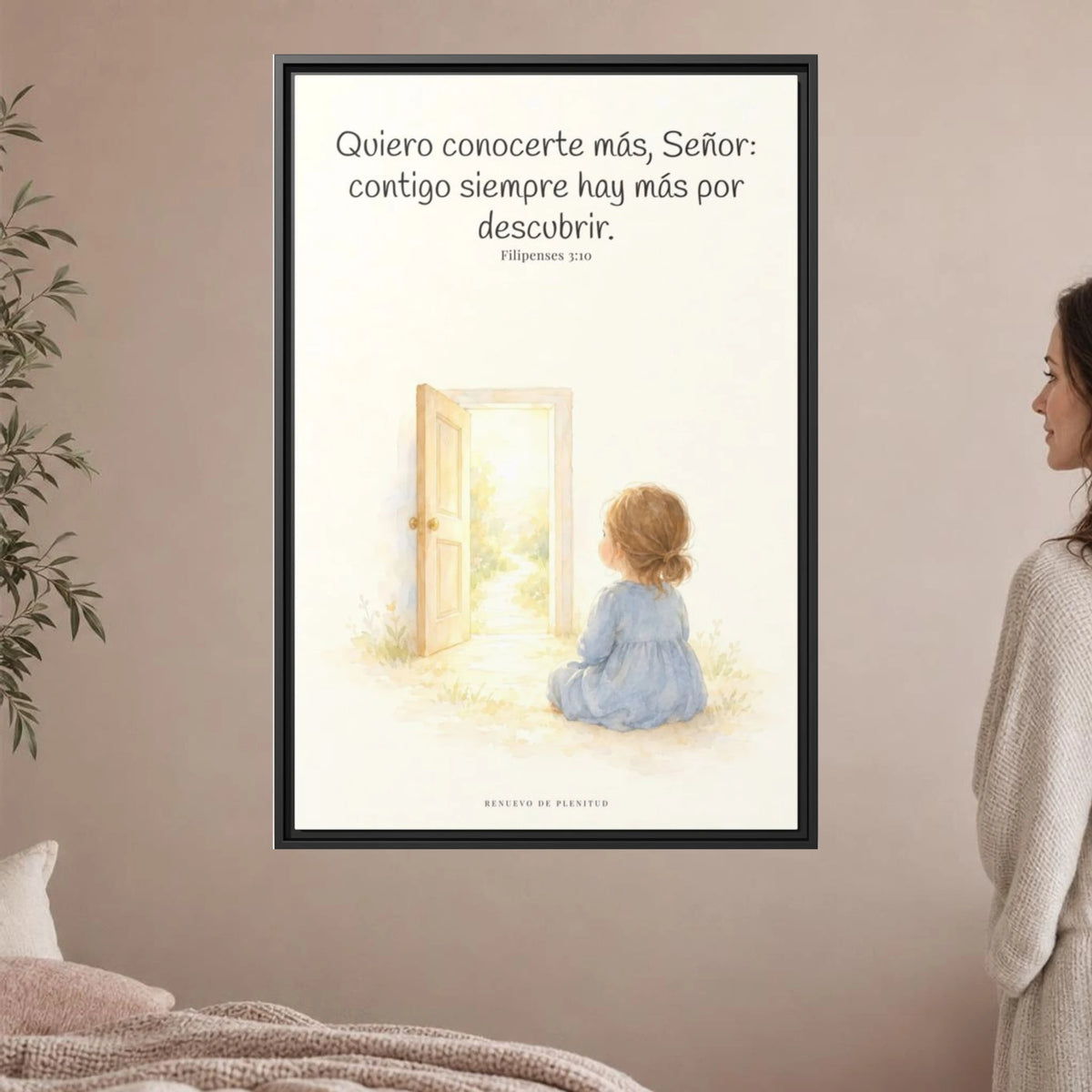 Quiero conocerte más, Señor — Lienzo Cristiano Enmarcado | Filipenses 3:10 — 24×36 pulgadas, marco negro, vista frontal ambiental, escala física calibrada