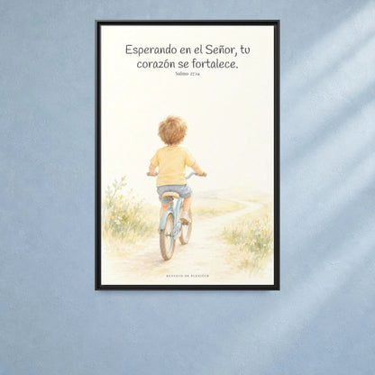 Jehová fortalece tu corazón — Lienzo Cristiano Enmarcado | Salmo 27:14 — 24×36 pulgadas, marco negro, vista frontal ambiental, escala física calibrada