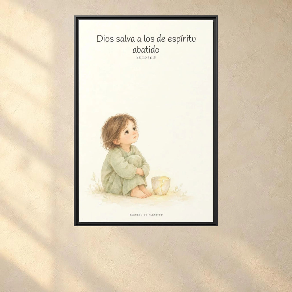 Dios salva al espíritu abatido | Lienzo de fe para el hogar | Salmo 34:18 — 24×36 pulgadas, marco negro, vista frontal ambiental, escala física calibrada
