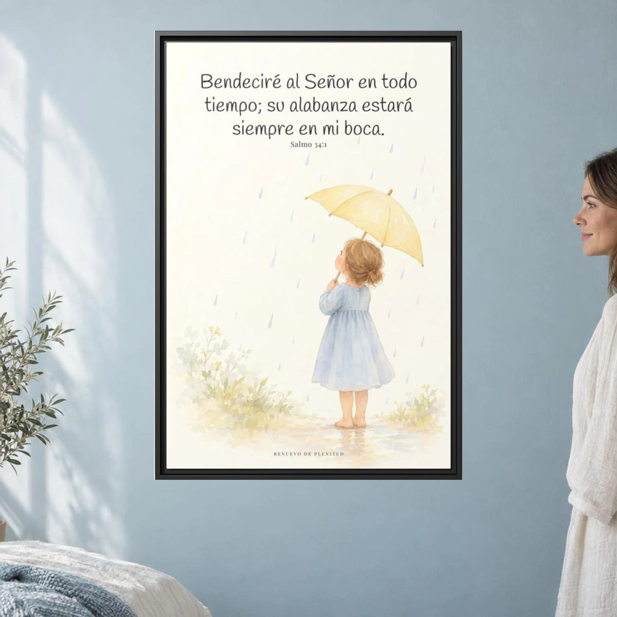 Bendeciré a Jehová en todo tiempo — Lienzo Cristiano Enmarcado | Salmo 34:1 — 24×36 pulgadas, marco negro, vista frontal ambiental, escala física calibrada