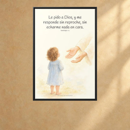 Dios me responde sin echármelo en cara — Lienzo Cristiano Enmarcado | Santiago 1:5 — 24×36 pulgadas, marco negro, vista frontal ambiental, escala física calibrada