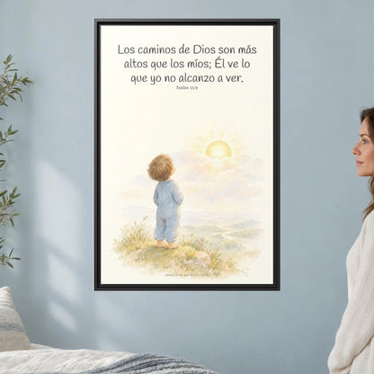 Los pensamientos de Dios son más altos que los míos — Lienzo Cristiano Enmarcado | Isaías 55:9 — 24×36 pulgadas, marco negro, vista frontal ambiental, escala física calibrada