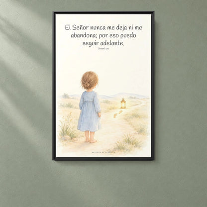 El Señor no me deja ni me abandona — Lienzo Cristiano Enmarcado | Josué 1:9 — 24×36 pulgadas, marco negro, vista frontal ambiental, escala física calibrada