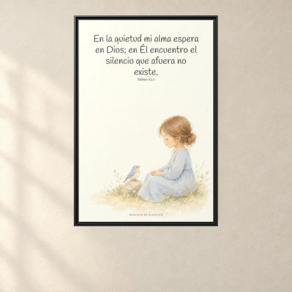 En la quietud, mi alma espera en Dios | Arte de fe en lienzo | Salmo 62:1 — 24×36 pulgadas, marco negro, vista frontal ambiental, escala física calibrada