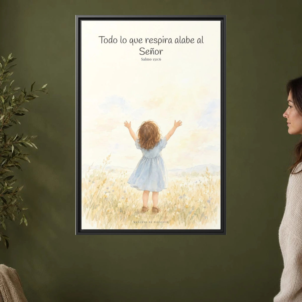 Todo lo que respira alabe a Jehová — Lienzo Cristiano Enmarcado | Salmo 150:6 — 24×36 pulgadas, marco negro, vista frontal ambiental, escala física calibrada