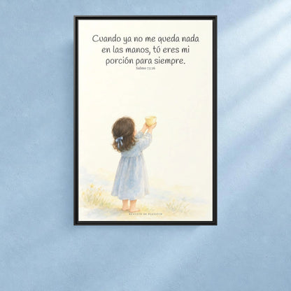 Mi porción eres tú, Señor — Lienzo Cristiano Enmarcado | Salmo 73:26 — 24×36 pulgadas, marco negro, vista frontal ambiental, escala física calibrada