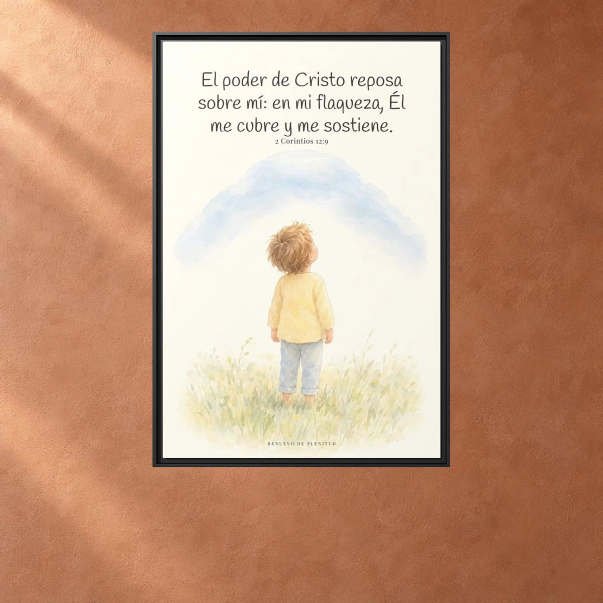 El poder de Cristo descansa sobre mí | Cuadro bíblico para el hogar | 2 Corintios 12:9 — 24×36 pulgadas, marco negro, vista frontal ambiental, escala física calibrada