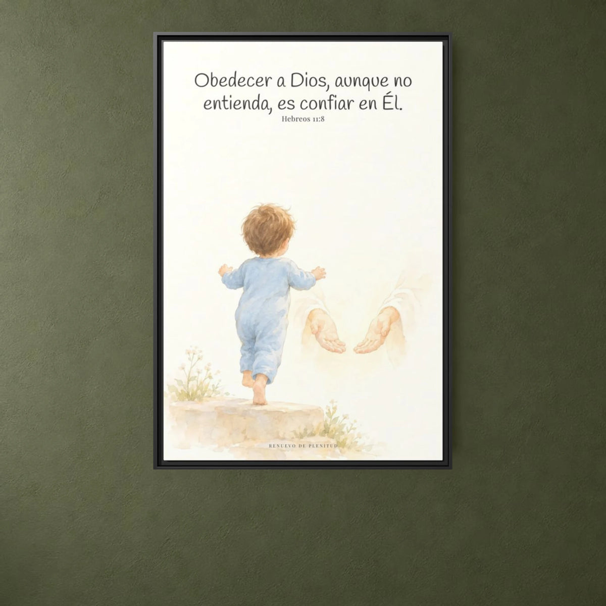 Obedecer a Dios es mi mayor valentía — Lienzo Cristiano Enmarcado | Hebreos 11:8 — 24×36 pulgadas, marco negro, vista frontal ambiental, escala física calibrada