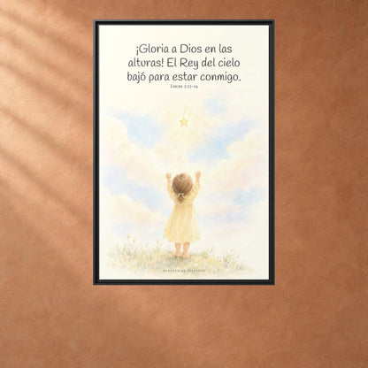 Gloria a Dios en las alturas — Lienzo Cristiano Enmarcado | Lucas 2:13-14 — 24×36 pulgadas, marco negro, vista frontal ambiental, escala física calibrada