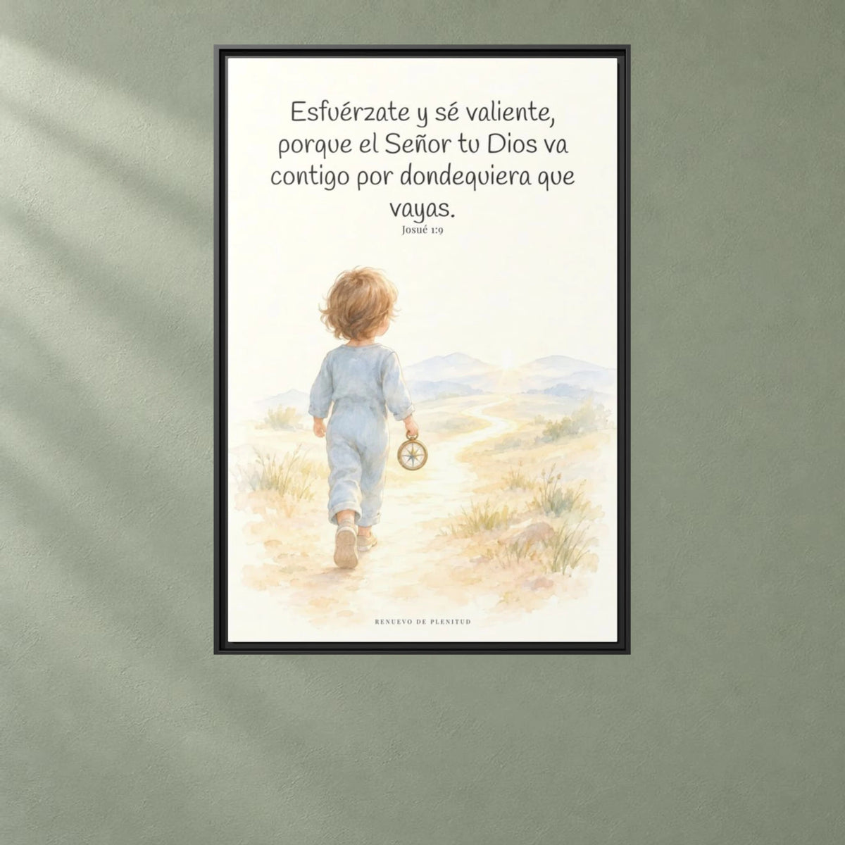 Esfuérzate y sé valiente, porque Jehová va contigo — Lienzo Cristiano Enmarcado | Josué 1:9 — 24×36 pulgadas, marco negro, vista frontal ambiental, escala física calibrada