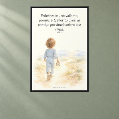 Esfuérzate y sé valiente, porque Jehová va contigo — Lienzo Cristiano Enmarcado | Josué 1:9 — 24×36 pulgadas, marco negro, vista frontal ambiental, escala física calibrada