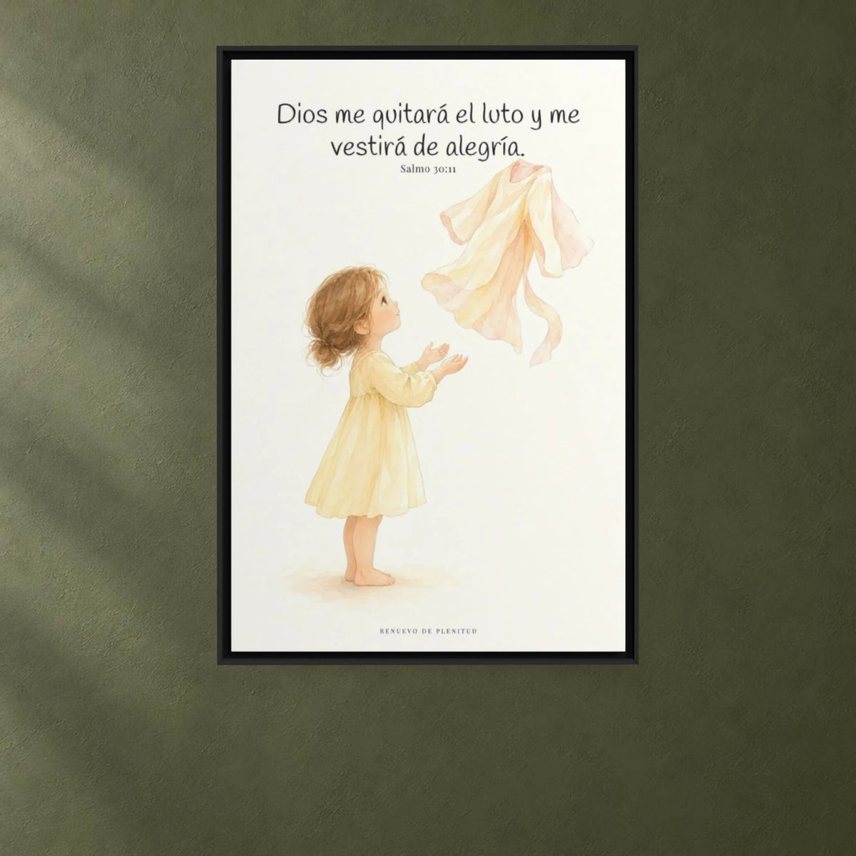 Dios me vestirá de alegría | Cuadro cristiano enmarcado | Salmo 30:11 — 24×36 pulgadas, marco negro, vista frontal ambiental, escala física calibrada