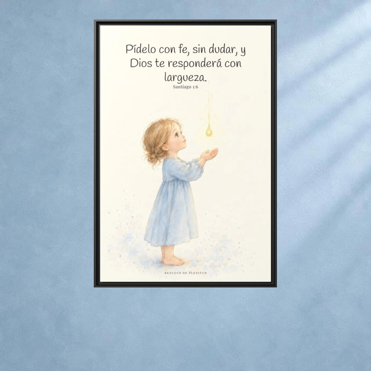 Dios dará sin dudar al que pide con fe — Lienzo Cristiano Enmarcado | Santiago 1:6 — 24×36 pulgadas, marco negro, vista frontal ambiental, escala física calibrada