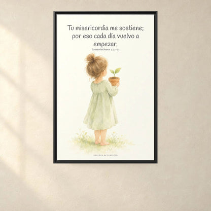 Por la misericordia de Jehová no fuimos consumidos — Lienzo Cristiano Enmarcado | Lamentaciones 3:22-23 — 24×36 pulgadas, marco negro, vista frontal ambiental, escala física calibrada