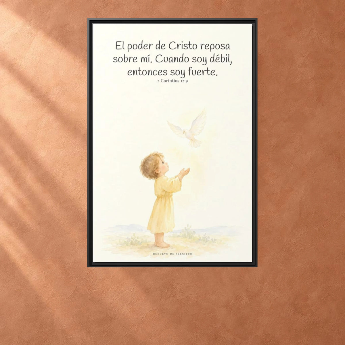 El poder de Cristo reposa sobre mí — Lienzo Cristiano Enmarcado | 2 Corintios 12:9 — 24×36 pulgadas, marco negro, vista frontal ambiental, escala física calibrada