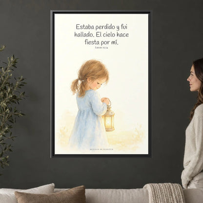 Este mi hijo perdido ha sido hallado — Lienzo Cristiano Enmarcado | Lucas 15:24 — 24×36 pulgadas, marco negro, vista frontal ambiental, escala física calibrada