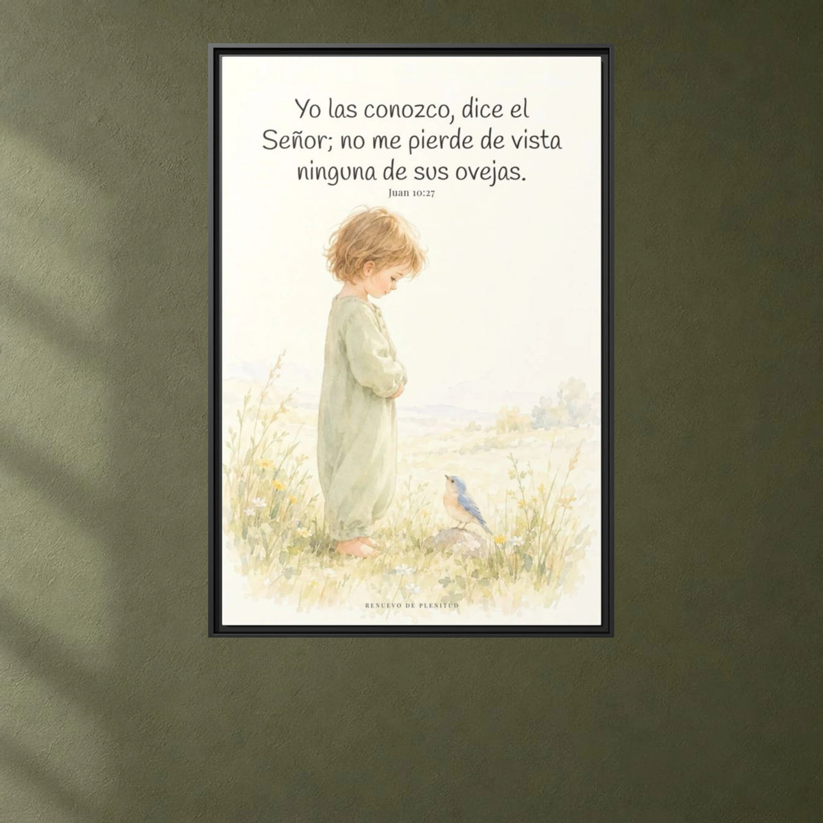 El Señor me conoce por mi nombre — Lienzo Cristiano Enmarcado | Juan 10:27 — 24×36 pulgadas, marco negro, vista frontal ambiental, escala física calibrada