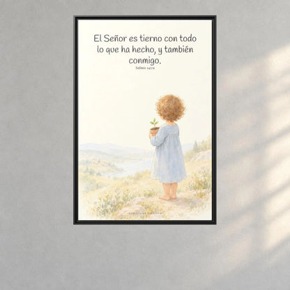 El Señor es tierno con todo lo que ha hecho | Cuadro de inspiración bíblica | Salmo 145:9 — 24×36 pulgadas, marco negro, vista frontal ambiental, escala física calibrada