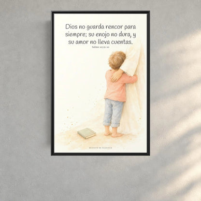 Dios no nos guarda rencor para siempre — Lienzo Cristiano Enmarcado | Salmo 103:9-10 — 24×36 pulgadas, marco negro, vista frontal ambiental, escala física calibrada