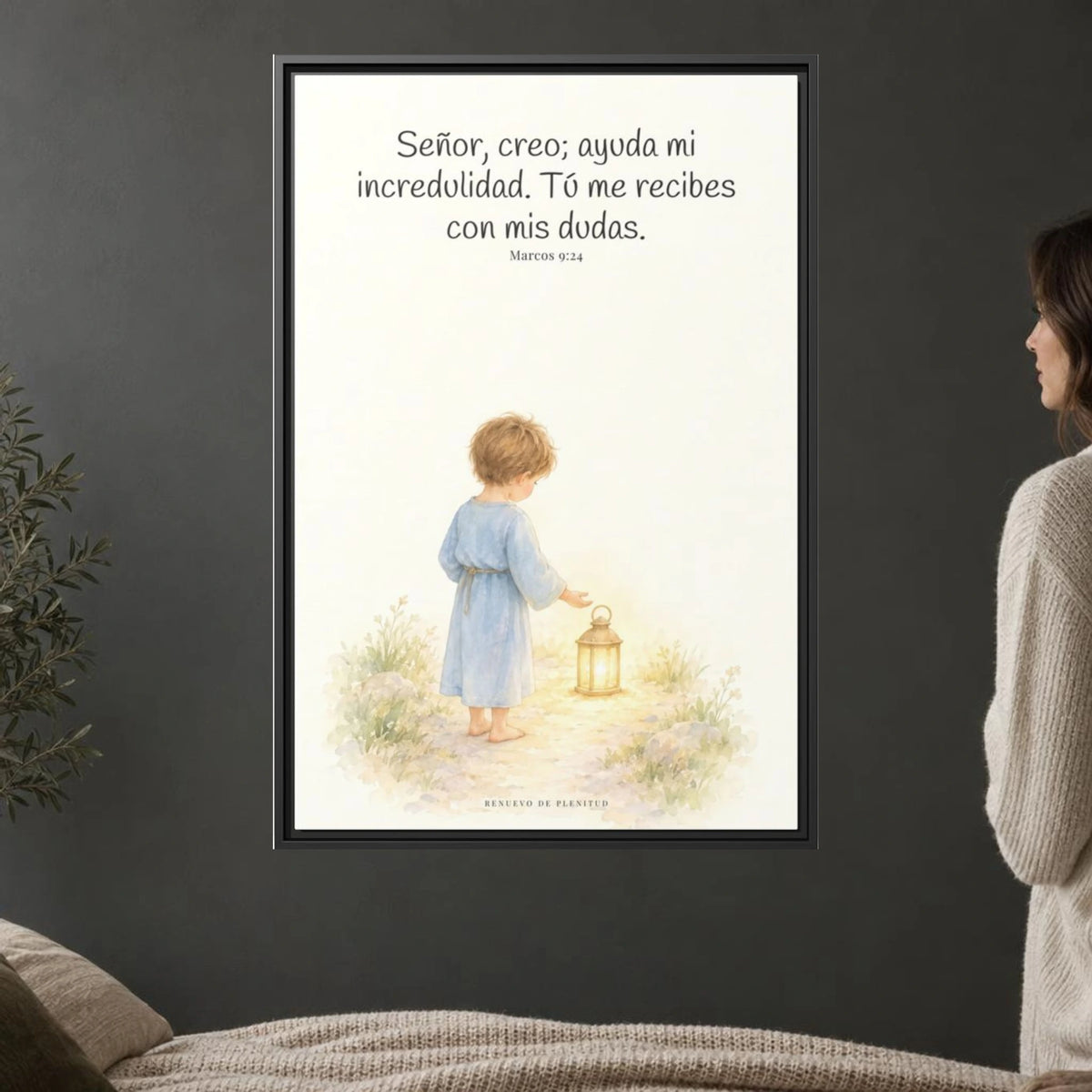 Señor, creo; ayuda mi incredulidad — Lienzo Cristiano Enmarcado | Marcos 9:24 — 24×36 pulgadas, marco negro, vista frontal ambiental, escala física calibrada
