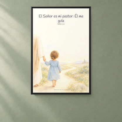 El Señor es mi pastor; Él me guía — Lienzo Cristiano Enmarcado | Salmo 23:1 — 24×36 pulgadas, marco negro, vista frontal ambiental, escala física calibrada