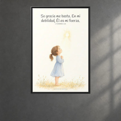 Su gracia me basta — Lienzo Cristiano Enmarcado | 2 Corintios 12:9 — 24×36 pulgadas, marco negro, vista frontal ambiental, escala física calibrada