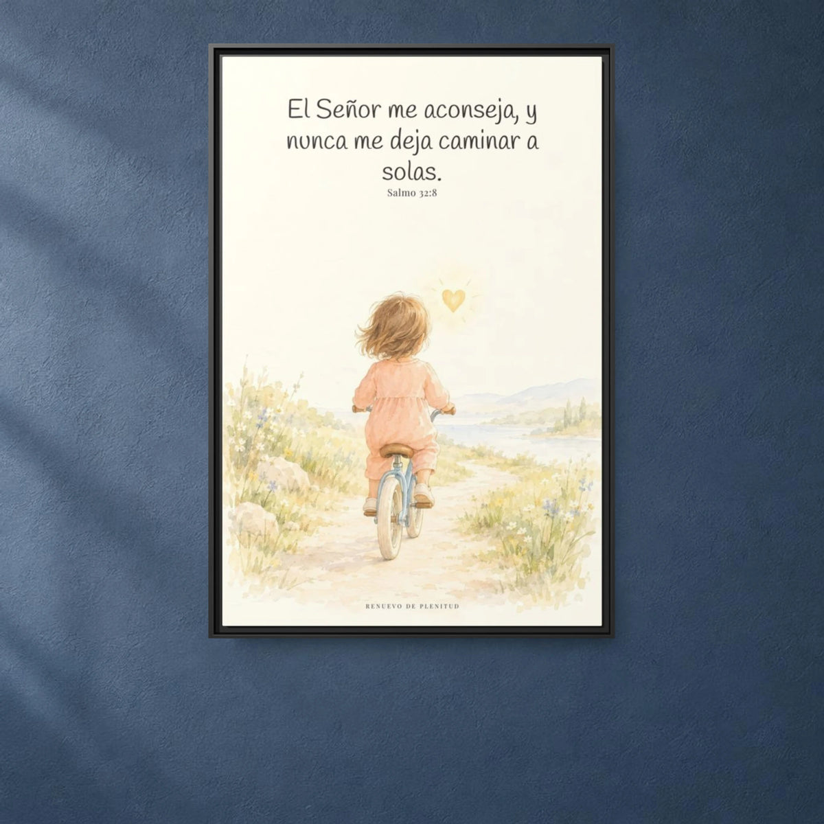 El Señor me aconseja con amor | Cuadro de fe enmarcado | Salmo 32:8 — 24×36 pulgadas, marco negro, vista frontal ambiental, escala física calibrada