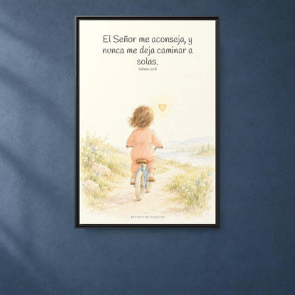 El Señor me aconseja con amor | Cuadro de fe enmarcado | Salmo 32:8 — 24×36 pulgadas, marco negro, vista frontal ambiental, escala física calibrada