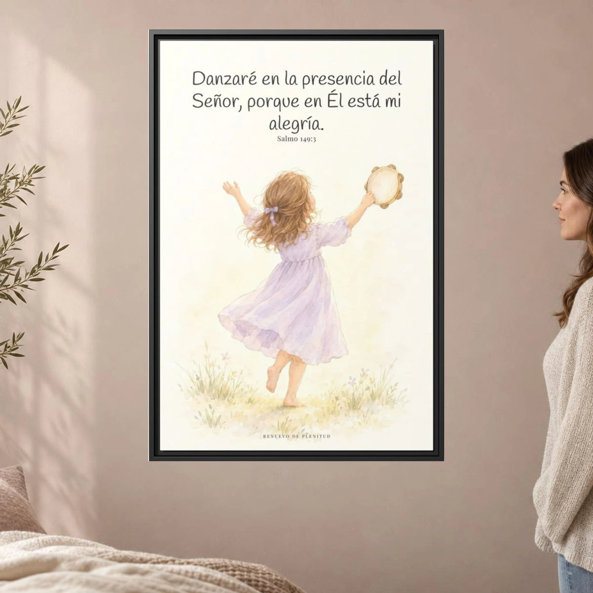 Danzaré en la presencia del Señor — Lienzo Cristiano Enmarcado | Salmo 149:3 — 24×36 pulgadas, marco negro, vista frontal ambiental, escala física calibrada