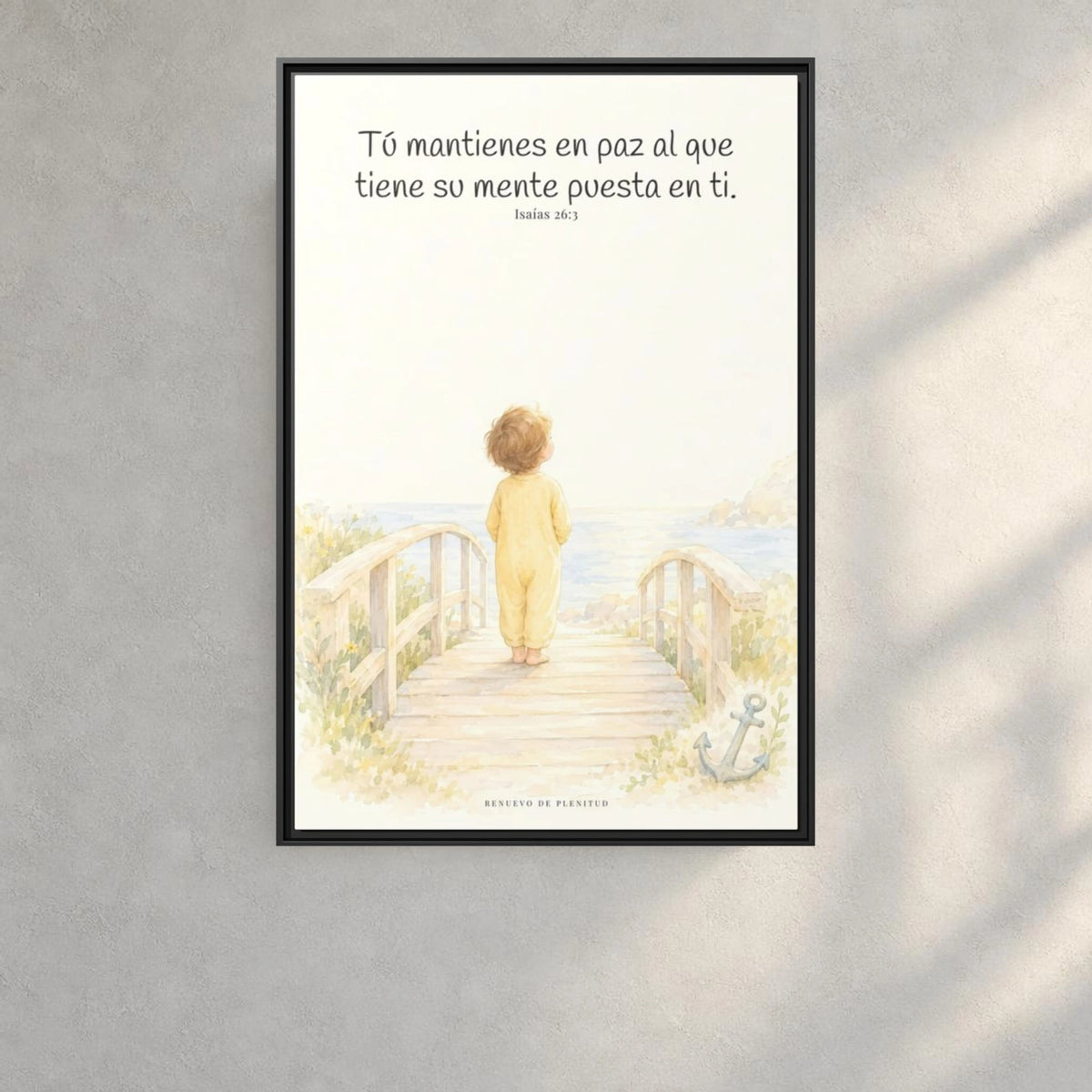 El Señor me sostiene en pensamiento firme — Lienzo Cristiano Enmarcado | Isaías 26:3 — 24×36 pulgadas, marco negro, vista frontal ambiental, escala física calibrada