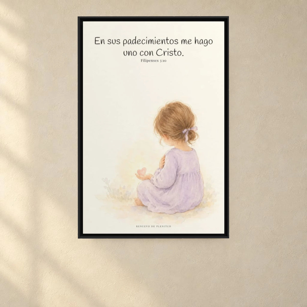 Participar de sus padecimientos me acerca a Él | Arte bíblico para pared | Filipenses 3:10 — 24×36 pulgadas, marco negro, vista frontal ambiental, escala física calibrada