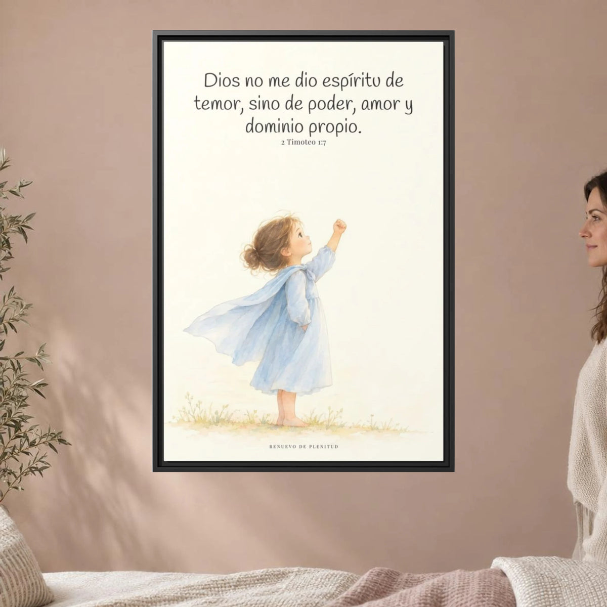 Dios me da un espíritu de poder y de amor — Lienzo Cristiano Enmarcado | 2 Timoteo 1:7 — 24×36 pulgadas, marco negro, vista frontal ambiental, escala física calibrada