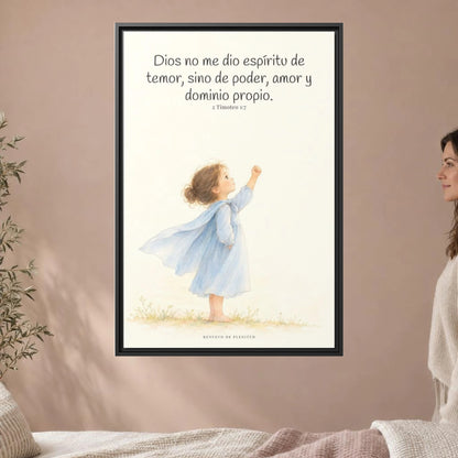 Dios me da un espíritu de poder y de amor — Lienzo Cristiano Enmarcado | 2 Timoteo 1:7 — 24×36 pulgadas, marco negro, vista frontal ambiental, escala física calibrada