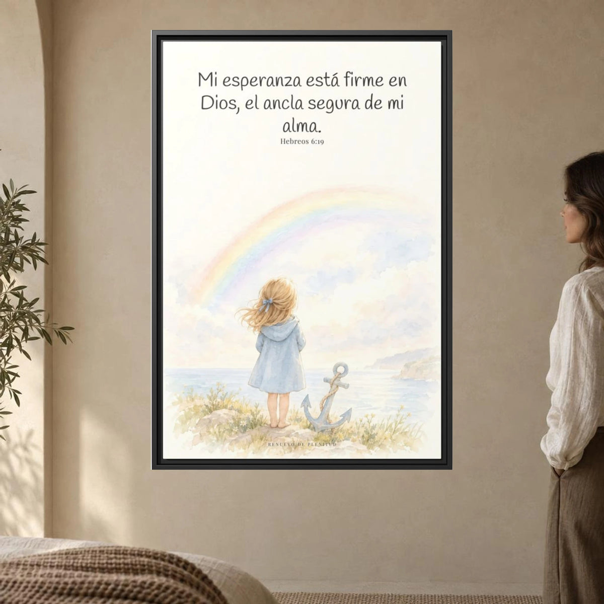 Mi esperanza está firme en Dios — Lienzo Cristiano Enmarcado | Hebreos 6:19 — 24×36 pulgadas, marco negro, vista frontal ambiental, escala física calibrada