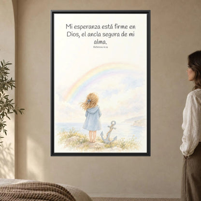 Mi esperanza está firme en Dios — Lienzo Cristiano Enmarcado | Hebreos 6:19 — 24×36 pulgadas, marco negro, vista frontal ambiental, escala física calibrada