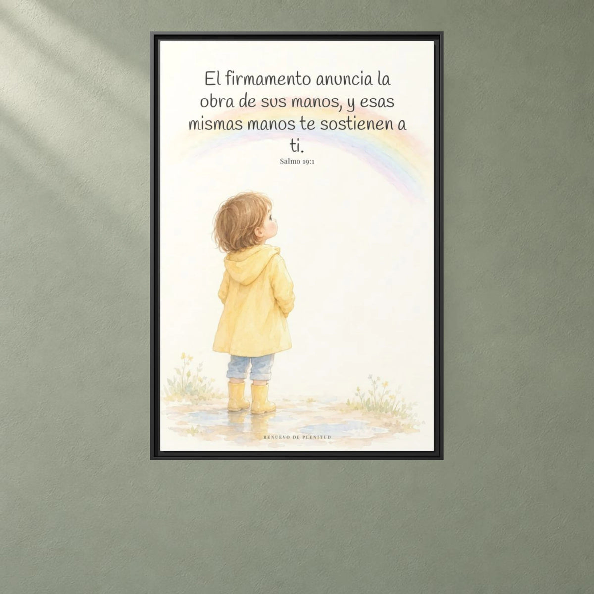 El firmamento anuncia la obra de sus manos — Lienzo Cristiano Enmarcado | Salmo 19:1 — 24×36 pulgadas, marco negro, vista frontal ambiental, escala física calibrada