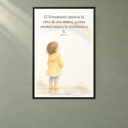 El firmamento anuncia la obra de sus manos — Lienzo Cristiano Enmarcado | Salmo 19:1 — 24×36 pulgadas, marco negro, vista frontal ambiental, escala física calibrada